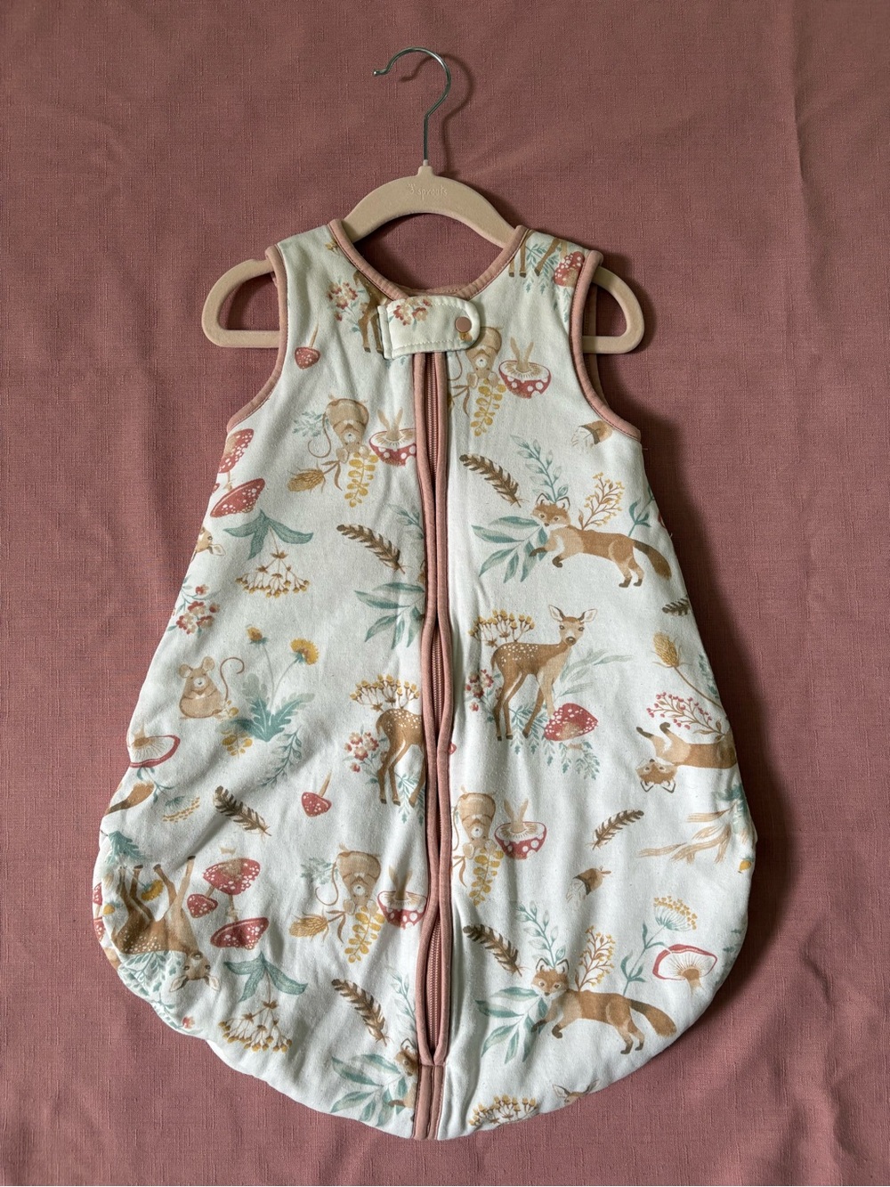 🌸 Baby Girl Sleep Sack - Cream Woodland Print with Pink Trim 2.4 tog